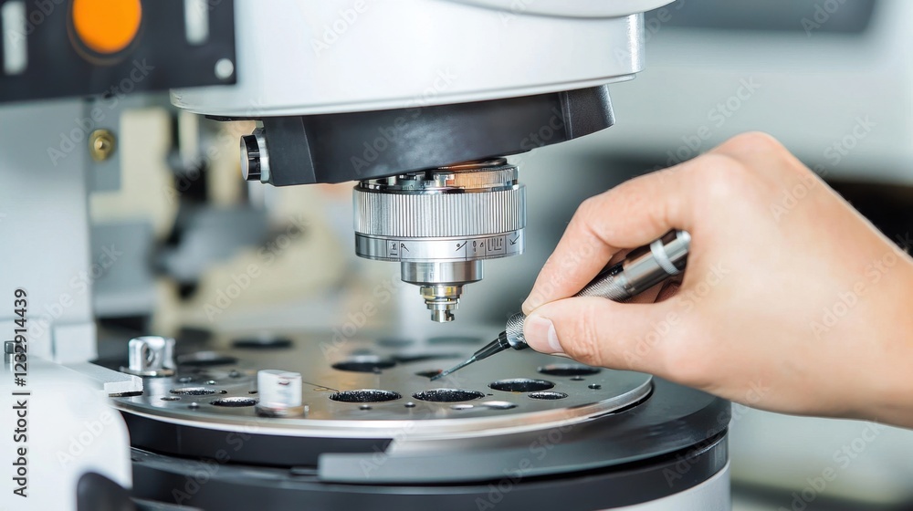 Poster close-up of hand adjusting microscope lens in laboratory setting