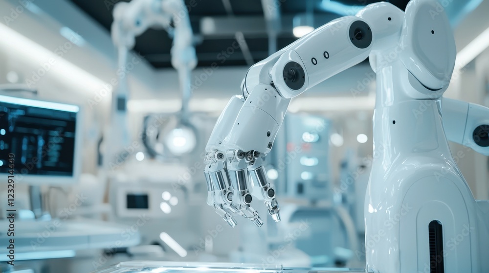 Poster robotic arm in high-tech laboratory for advanced research and development