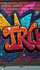 Half-brick wall with vibrant street art and urban graffiti, street art, cityscape
