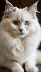 A majestic Ragdoll cat with striking blue eyes lounges on a plush chair. Its silky fur and gentle expression create a scene of pure elegance and tranquility
