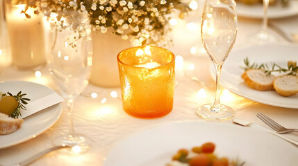 Romantic dinner table setting with candlelight, flowers, and food.