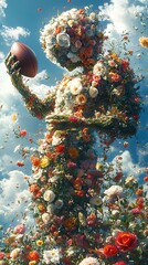 A Floral Athlete Holding Football in Sky