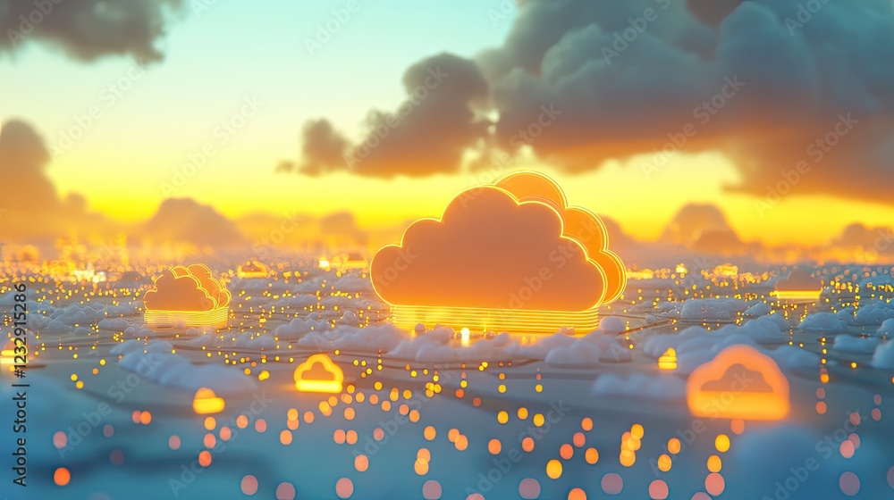 Poster Illuminated Cloud Computing Network Sunset Scene