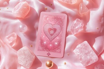 Intriguing mystical heart tarot card illustration featuring cosmic and celestial elements on a pastel pink background.