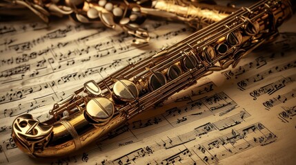 Naklejka premium Elegant Gold Saxophone Resting on Vintage Music Sheet Background