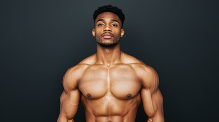 Fototapeta premium A muscular man poses confidently against a dark background, showcasing his well-defined physique and strength.