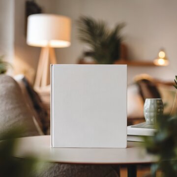 Blank White Book Standing on a Round Table in a Cozy Living Room

