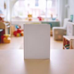 Blank White Book Standing on a Table in a Bright Playroom

