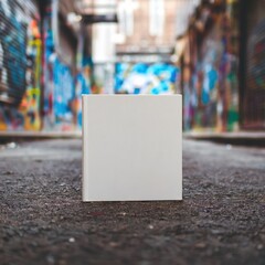 Blank White Book Standing in an Urban Graffiti Alley

