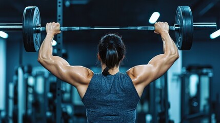 Fototapeta premium A muscular person lifts a barbell overhead in a gym, showcasing strength and determination in a focused workout environment.