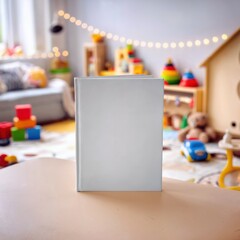 Blank White Book Standing on a Table in a Cozy Playroom

