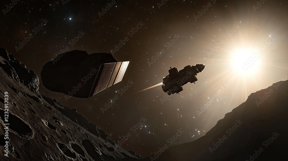 Poster spaceship approaching asteroid in deep space near sun