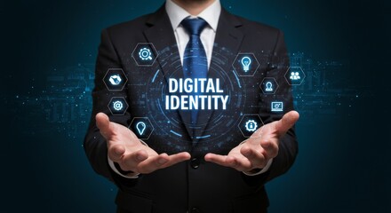 Holographic digital identity verification interface with icons for cybersecurity and data management in futuristic business technology