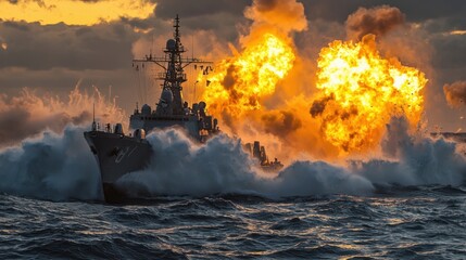 Obraz premium Dramatic Naval Warfare Scene with Explosions and Ocean Waves