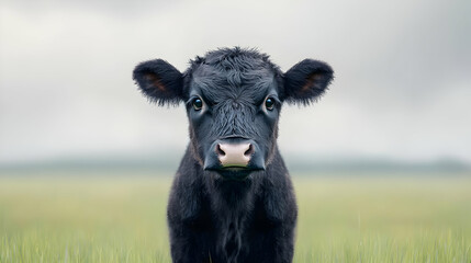 Angry calf stares, green field background, farm animal portrait