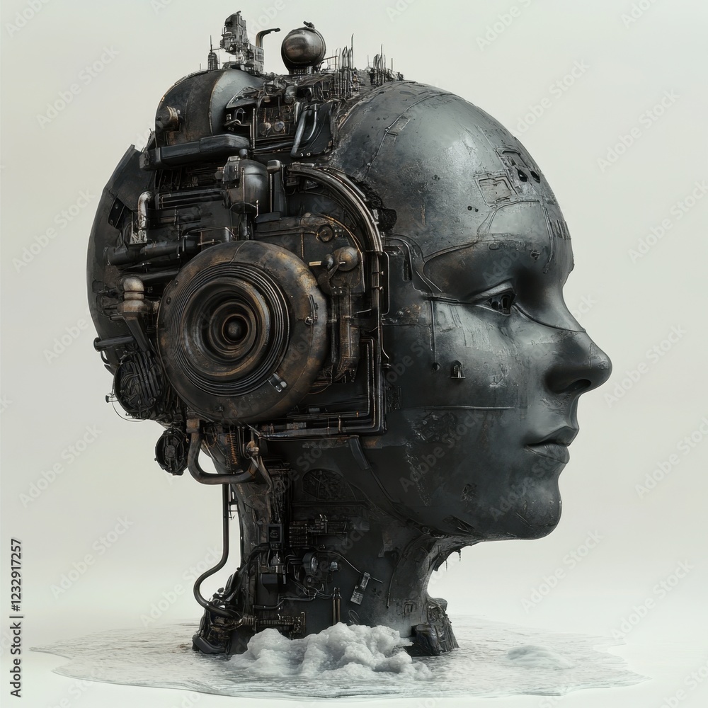 Poster futuristic robot head design with mechanical features and pipes