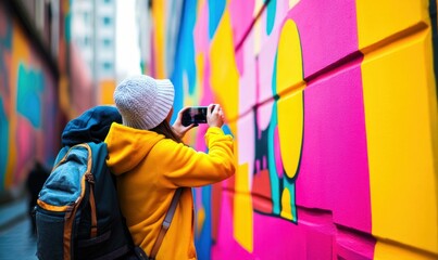 Obraz premium Traveler Capturing Colorful Street Art on a Vibrant Wall