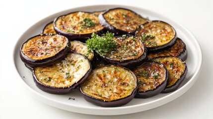 A simple plate of lightly seasoned roasted eggplant slices, neatly arranged on a plain white ceramic plate, Eggplant slices centered