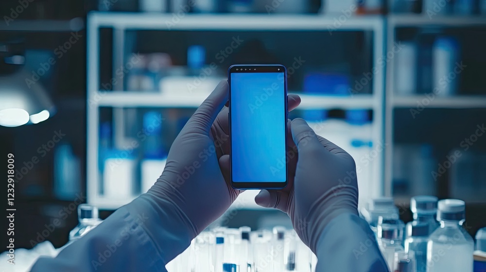 Aufkleber gloved hands hold a smartphone in a laboratory setting