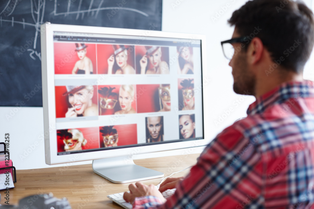Poster office, man and computer screen with photo editor for retouching picture, editing and work for magaz