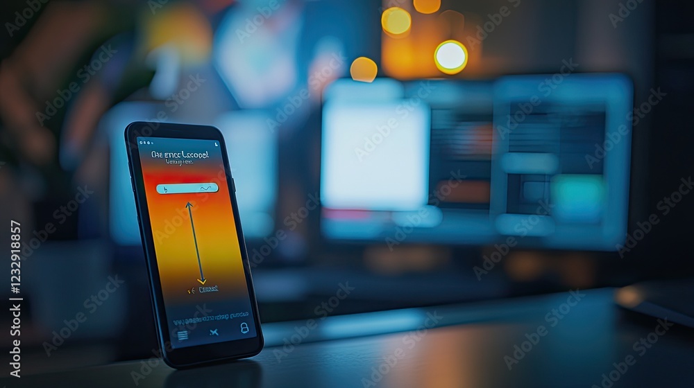 Poster smartphone displaying a login screen in a dimly lit room