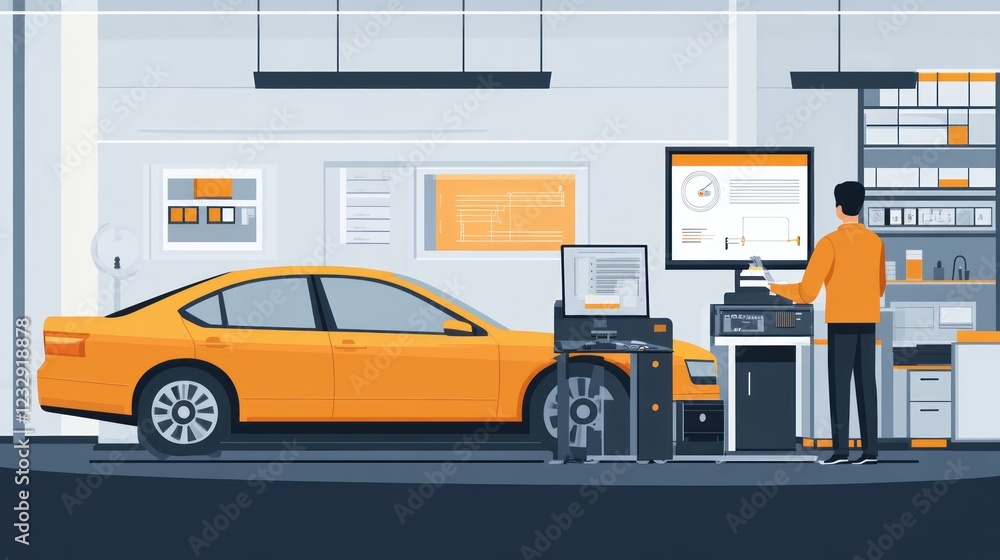 Poster technician performs car alignment diagnostic check in garage