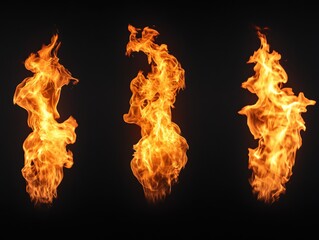 three flames of fire isolated on a black background