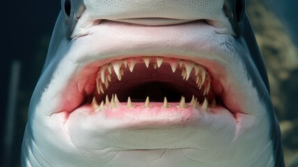 Naklejka premium Close-up of a fierce shark's mouth, showcasing its sharp teeth and powerful jaws, creating an awe-inspiring underwater scene.