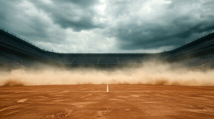 Dusty swirling particles sweeping across weathered clay tennis court, abandoned stadium looming beneath brooding overcast skies, evoking stark anticipatory mood