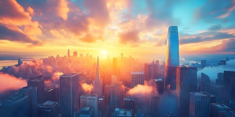 Fototapeta premium Panoramic San Francisco Skyline at Sunset - Generative AI