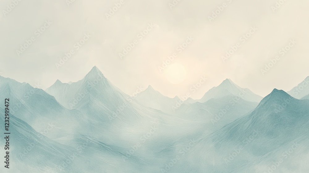 Poster serene misty mountain range under a soft light