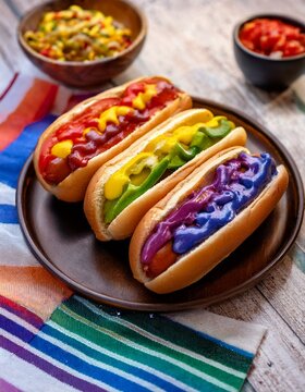 Generated image Vibrant Gourmet Rainbow Hot Dogs- Pride Month Celebration with Colorful Ingredients