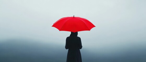 a person with a red umbrella stands in the fog.