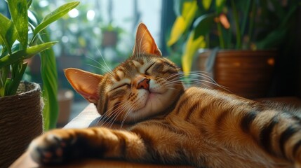 Bengal cat napping sunlit windowsill, plants background, home decor