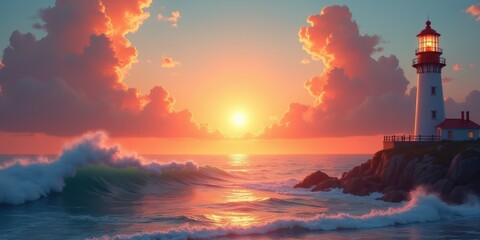 Fototapeta premium A stunning lighthouse at sunset, surrounded by crashing waves, creating a serene and picturesque coastal scene perfect for travel and nature themes.