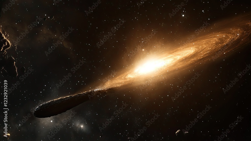Poster comet approaches glowing spiral galaxy in deep space