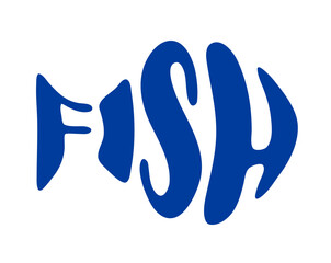 Vintage Groovy illustration with bold playful letters, word in the shape of a fish. The design combines bright colors and smooth curves to convey a fun and lively underwater atmosphere.