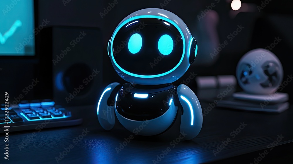 Poster futuristic robot sits on a dark desk