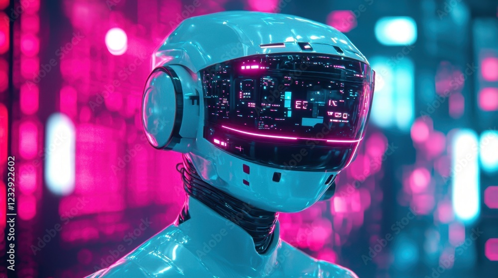 Poster futuristic robot with neon lights in a high-tech environment