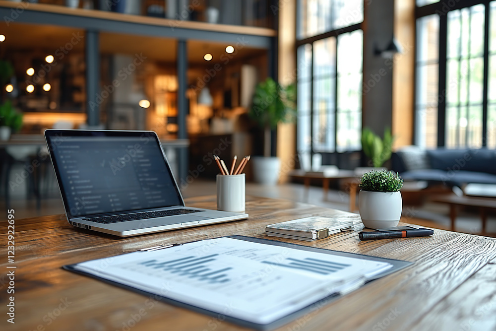 Poster paper and laptop computer with business graphs and charts