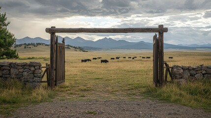 A gate in a field with cows grazing in the background