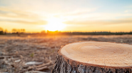 Warm evening sunlight illuminates a freshly cut tree stump in a deforested area, highlighting the impact of logging and environmental damage