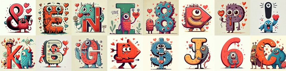 Love monsters Lettering Typeface. AI generated illustration