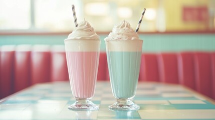 Colorful Milkshakes in Retro Style Diner Setting with Straws