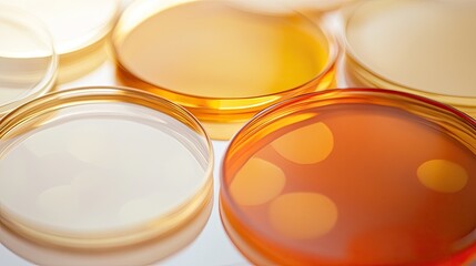 Multiple petri dishes containing various yellow and orange liquids