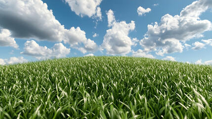Lush green hill under blue sky, fluffy clouds, nature background, website banner