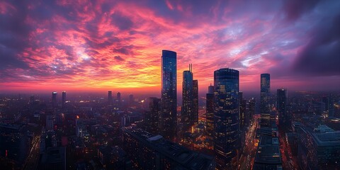 Fototapeta premium Vibrant City Skyline at Sunrise - Generative AI