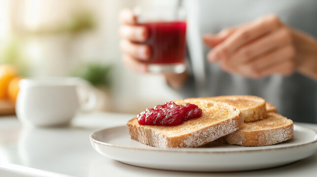 Toasted slices of bread with jam on a plate, a woman holding a glass of juice in the background, having breakfast in a bright, airy kitchen with simple decor