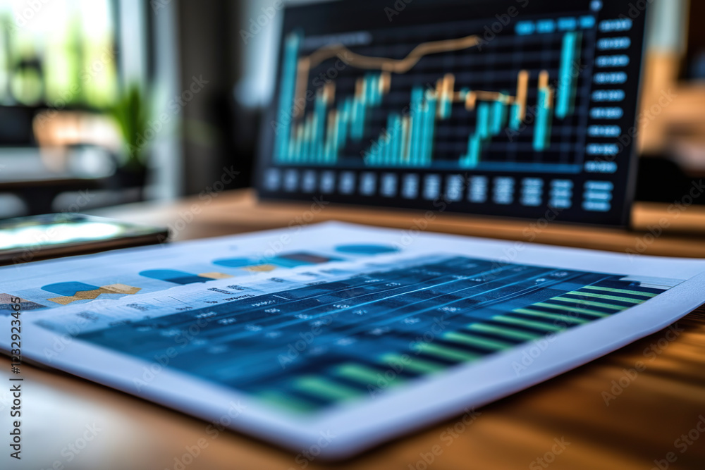 Poster paper and laptop computer with business graphs and charts