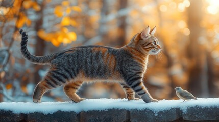 Cat and bird winter scene, snowy wall, autumn background, nature photography